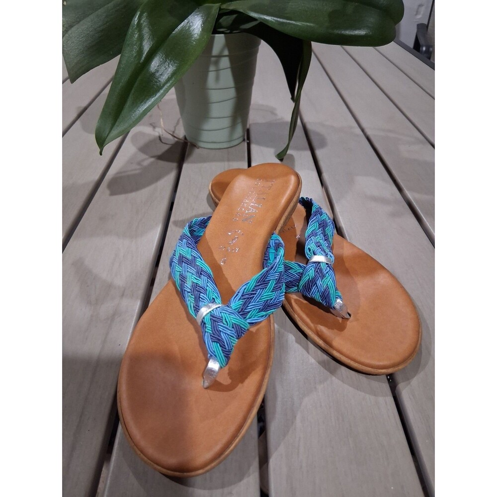 Italian Shoemakers Woman Blue Turquoise Leather Thong Wedge Sandals Sz 8 SB2 - Picture 2 of 9